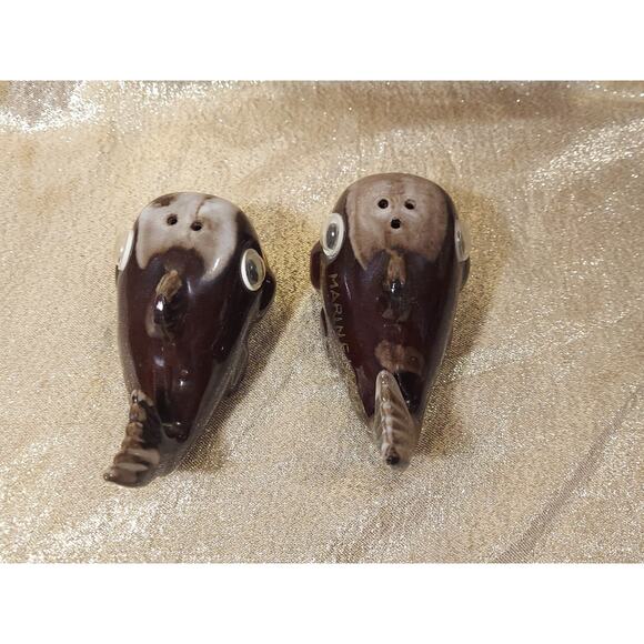Vtg EFCCO Japan MARINELAND Whale Salt & Pepper Shakers Redware Brown Drip Glaze - Picture 5 of 7